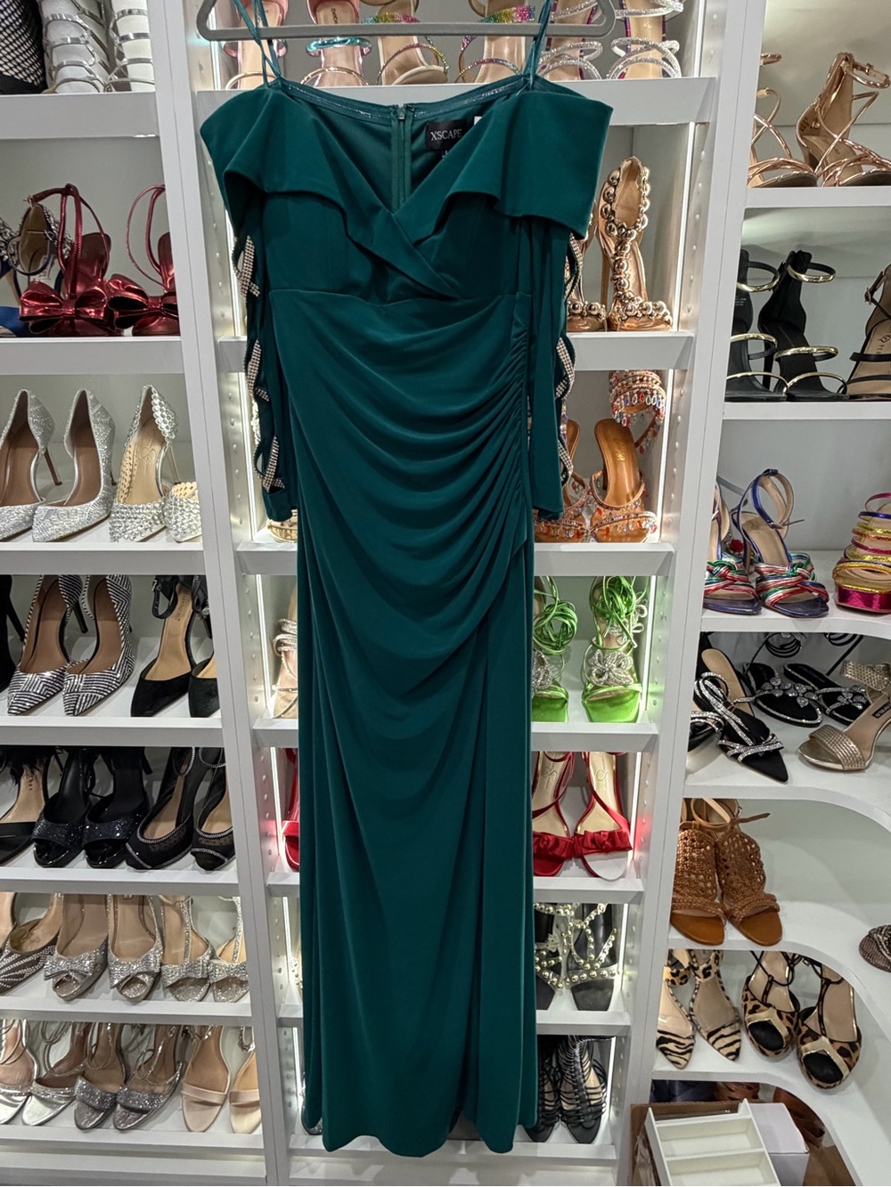Xscape Emerald Green Off-Shoulder Draped Maxi Dress
